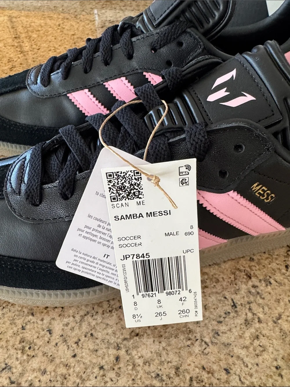 adidas Samba MESSI SOCCER Black with Pink Stripes and Gum Sole 8.5 men/9.5 women
